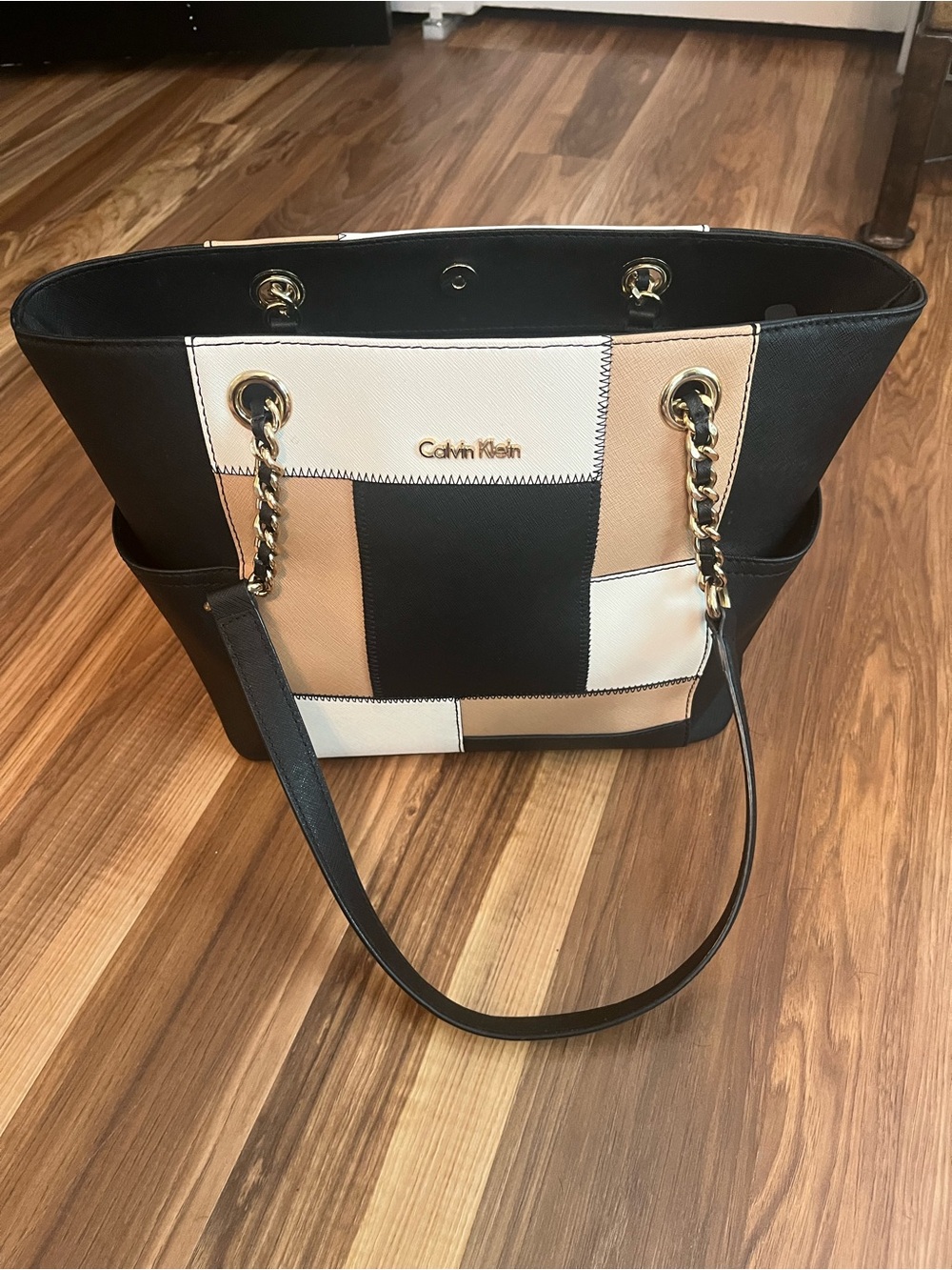 Calvin Klein Black, White & Tan Patchwork Tote with Chain Handles